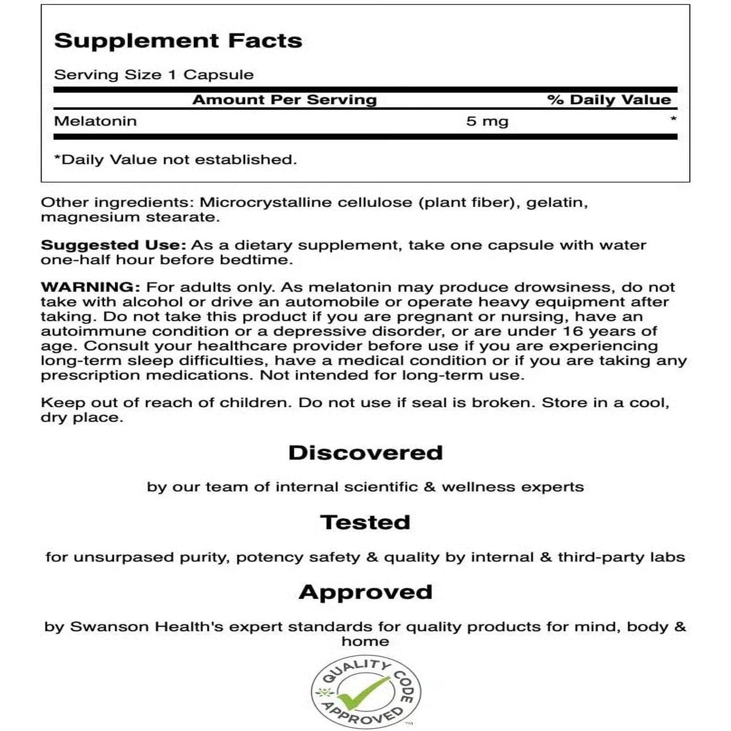 Swanson – Melatonin 5mg – 60 kapsler - immagine 3